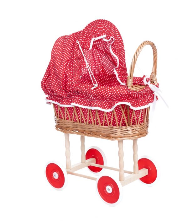 WICKER PRAM, RED & WHITE DOTS. Pre order SOLD Out