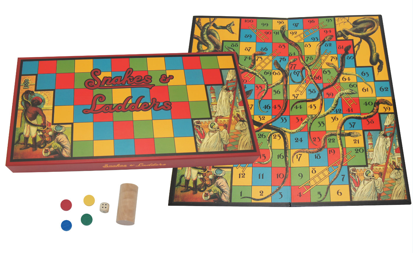Retro Game Desktop Table Board Wooden Set of Snakes & Ladders 21x21cm Family Fun